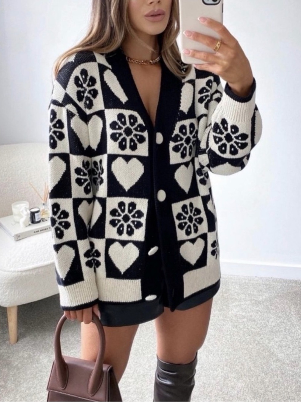 Zara - Black & Cream Heart-Block Knit Cardigan Sweater